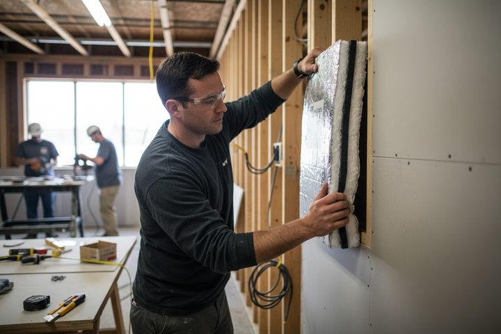 Tradesman installs Premium High-Performance Acoustic Barrier Sound Insulation System in a wood-studded wall cavity, showcasing its easy installation and noise reduction capability up to 53dB for effective soundproofing.