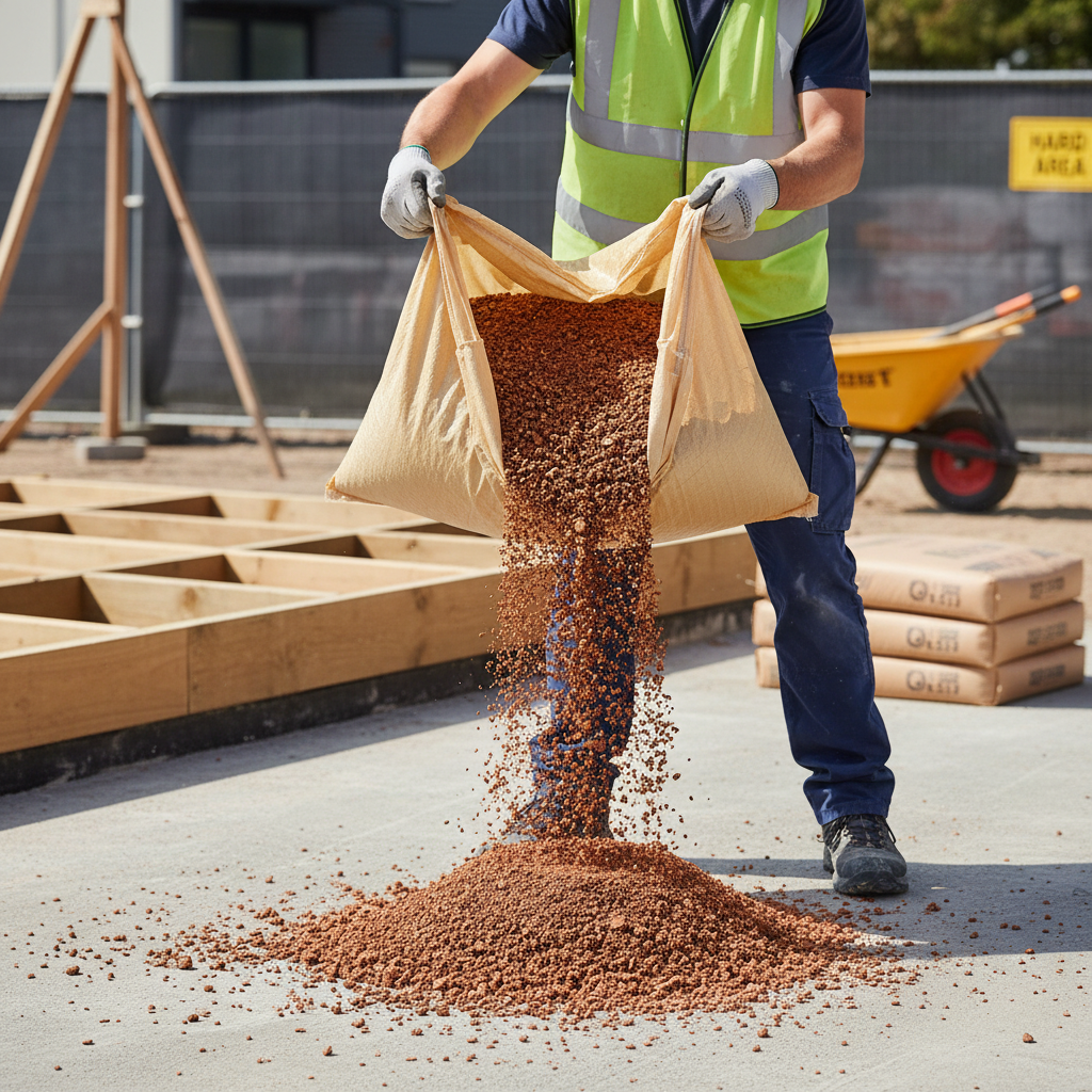 Construction worker pouring Premium 30kg Bulk Bag High Quality Cork Granules - 3-4mm Granule Size, Density 60-70kg/m³, ideal for soundproofing, acoustic insulation, and noise reduction applications, onto a concrete slab.