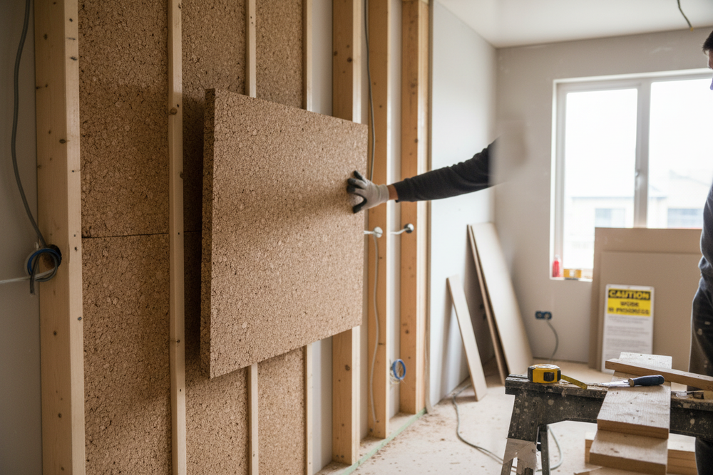Worker installing Premium Insulation Cork Board Pack of 6 Sheets - 1000mm x 500mm, 50mm Thick for 3m² Coverage; soundproof and acoustic insulation panels between studs, enhancing noise reduction and thermal efficiency.