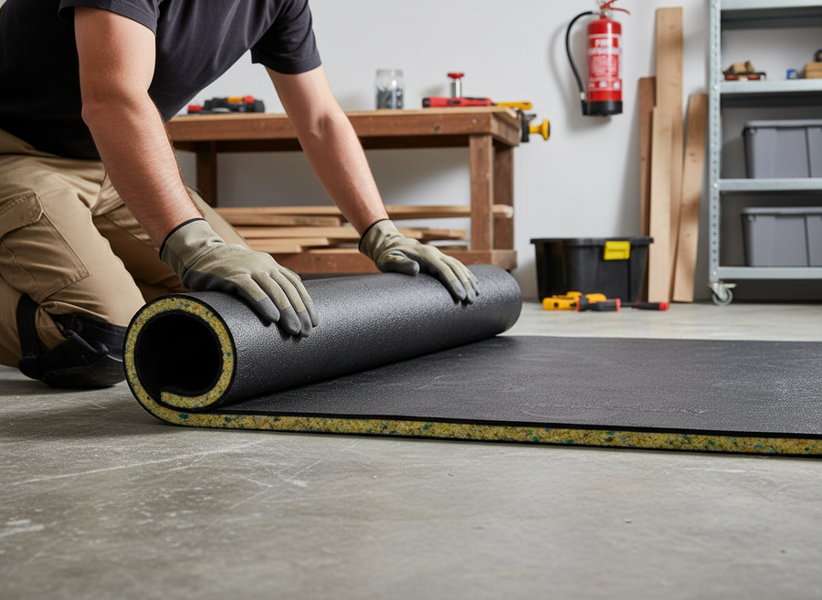 Person unrolling Sound Deadening UK Premium Soundproof Mat – 10mm Self-Adhesive in a workshop, preparing an acoustic, vibration-damping floor surface with tools, emphasizing noise reduction and sound insulation.