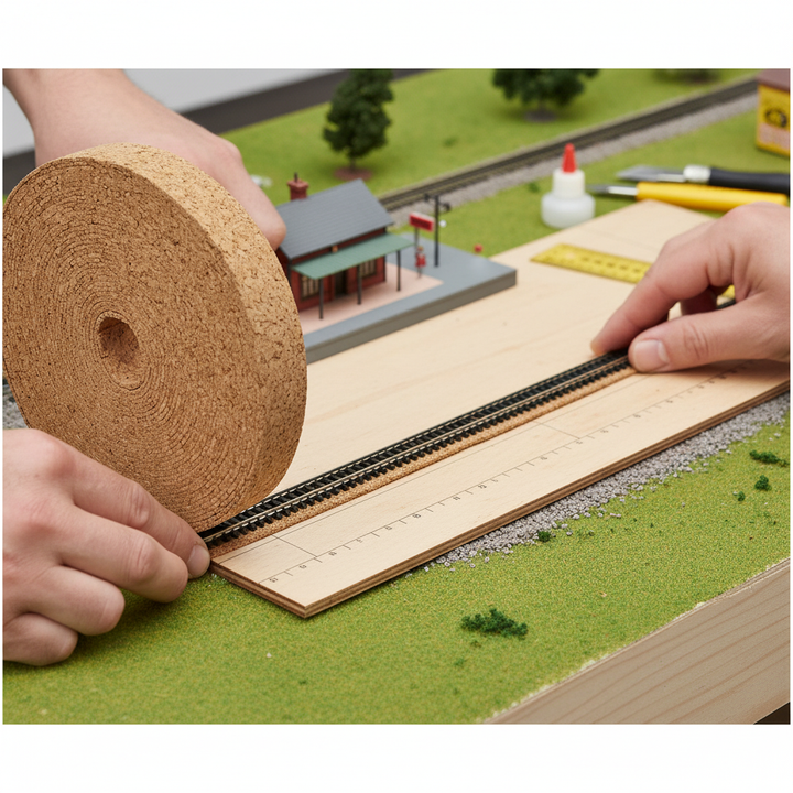 Premium Model Railway Cork Track Underlay Roll - 10 Meters Long, 30mm Wide, 3mm Thick, displayed atop a diorama, illustrating its soundproof and vibration damping qualities with tools and model scenery nearby.