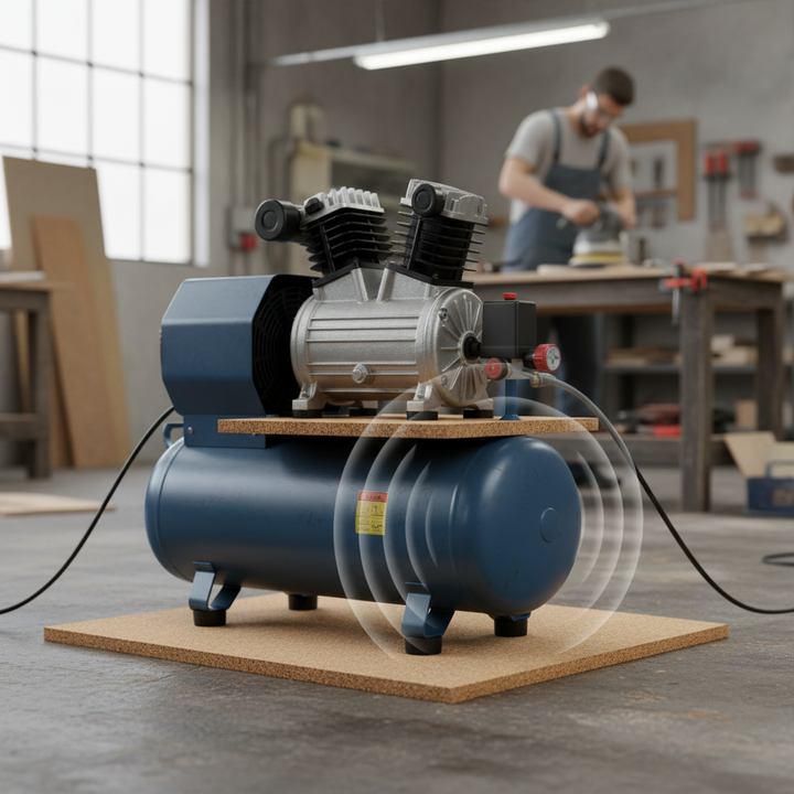 Premium Fine Grain Adhesive Cork Sheets - 610mm x 450mm - 15mm Thick - Pack of 4 are shown, ideal for soundproofing and acoustic insulation. They're placed under a portable air compressor for vibration damping.