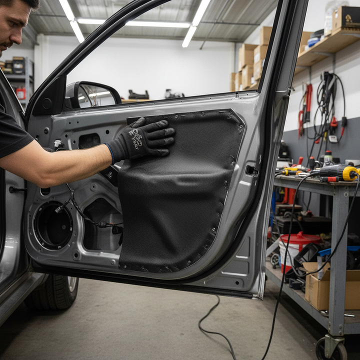 Technician applying Premium 4-Layer Soundproofing Material for Vehicle Interior Noise Reduction and Heat Insulation to car door, showcasing acoustic and vibration damping properties.