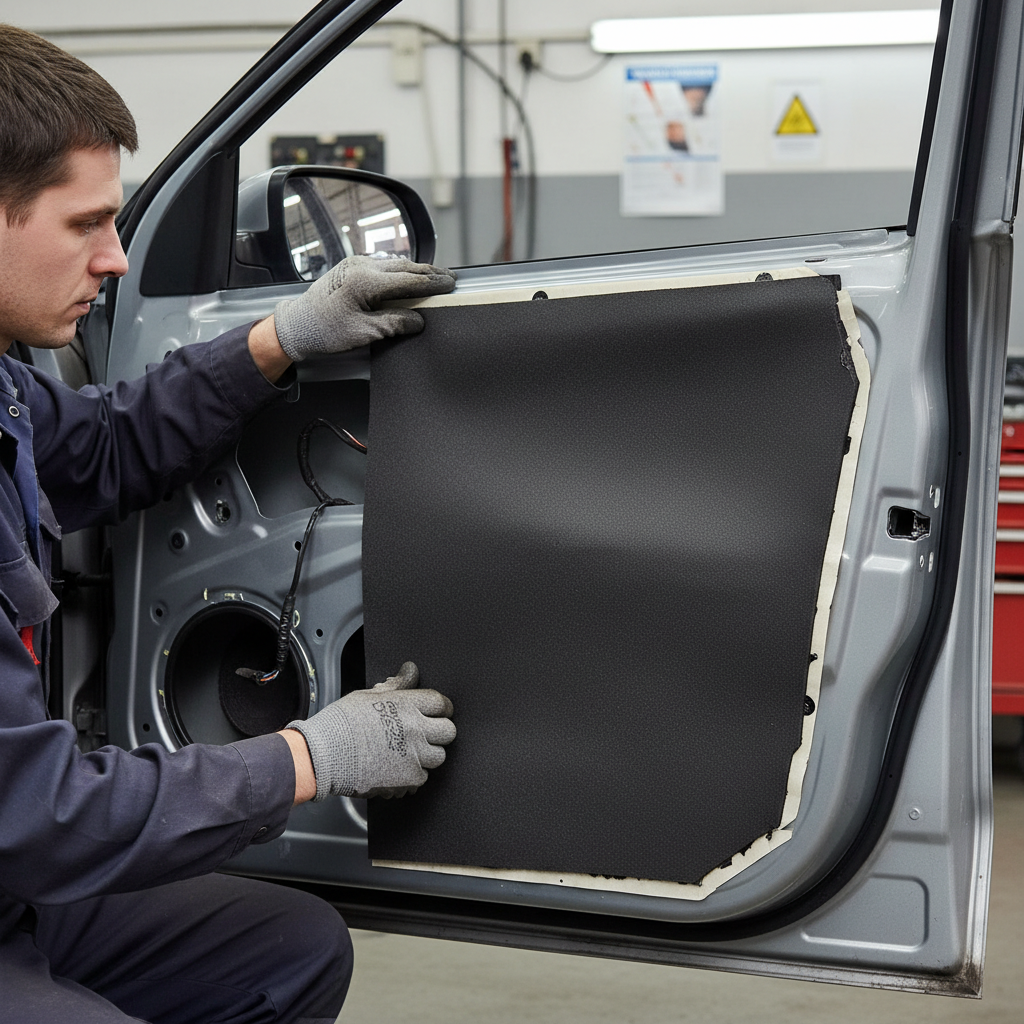 Technician fitting Premium Self-Adhesive Thermo-Acoustic Material for Noise Reduction and Heat Insulation—6mm thick, 8sq.m coverage, 20 sheets—inside car door, enhancing soundproofing and acoustic insulation.