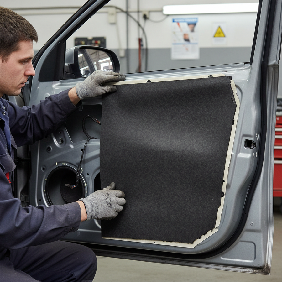 Technician fitting Premium Self-Adhesive Thermo-Acoustic Material for Noise Reduction and Heat Insulation—6mm thick, 8sq.m coverage, 20 sheets—inside car door, enhancing soundproofing and acoustic insulation.