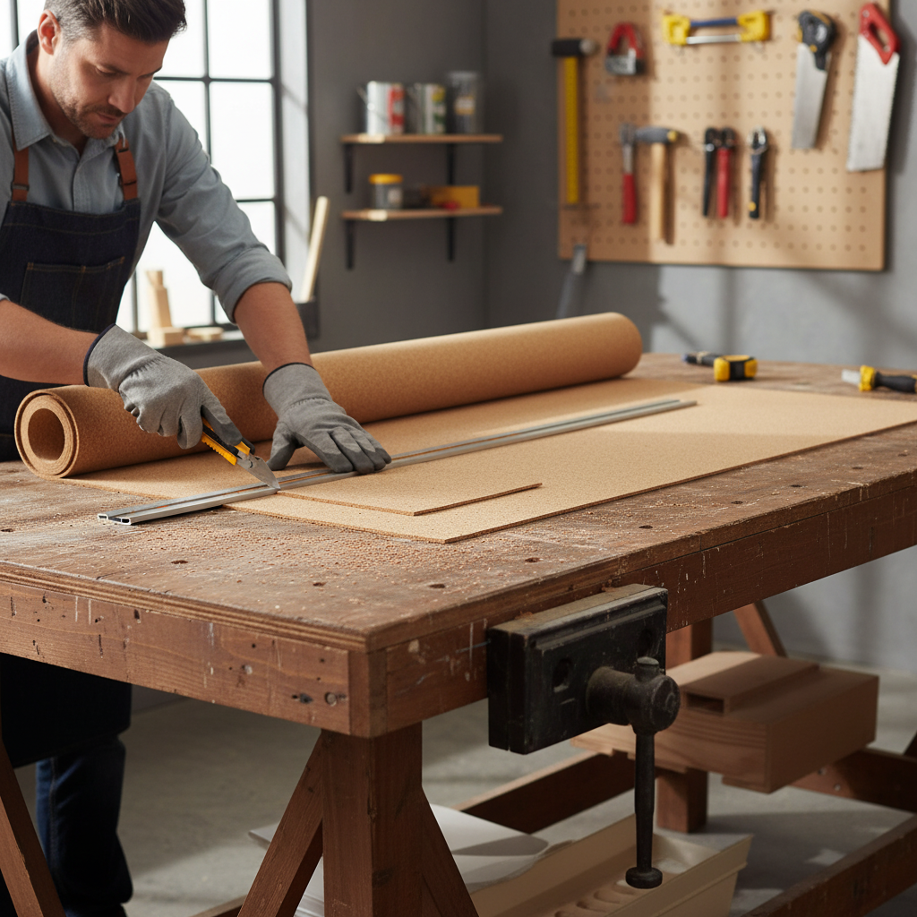 Person at a wooden workbench cuts a Premium Fine Grain Large Cork Roll for Interior Walls - 6m x 1.22m, ideal for soundproofing and acoustic insulation in home DIY projects.