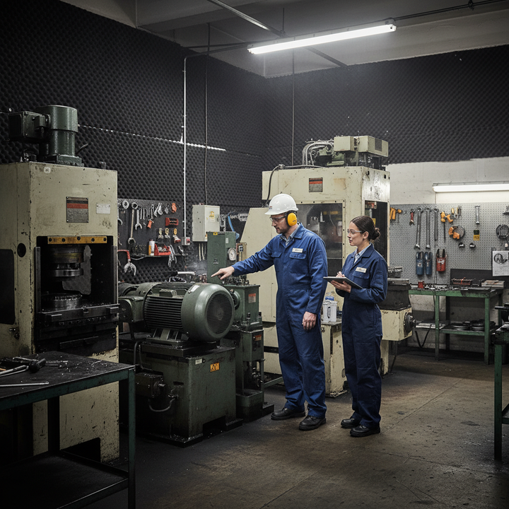 Dodo Acoustic Liner 15mm Sheet in an industrial setting, with workers discussing specifications. Ideal for soundproofing and noise reduction in vehicles, enhancing acoustic insulation and vibration damping in machine enclosures.