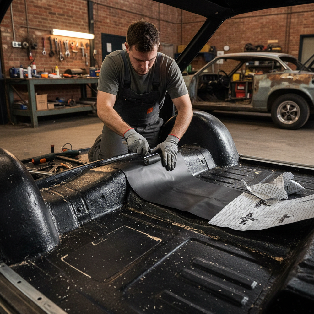 Man in overalls applies Premium Sound Deadening and Insulation Mat 4.5mm Thick for Vehicles, enhancing acoustic insulation and noise reduction with easy peel-and-stick butyl rubber and foam layers in a workshop setting.