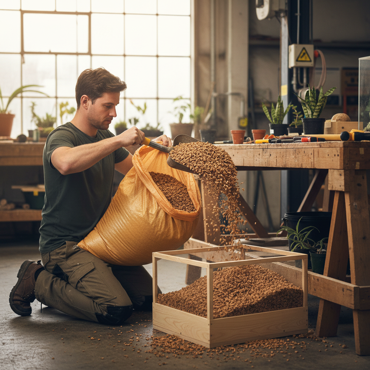 Man kneeling in workshop, using a shovel to scoop Premium 30kg Bulk Bag of High-Quality Cork Granules 3-35mm Size for Construction and Insulation, ideal for soundproofing, acoustic applications, and vibration damping.