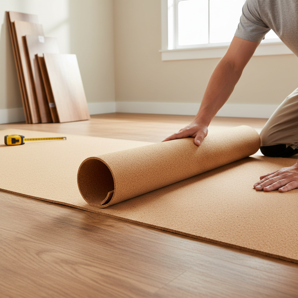 Person unrolling Premium Fine Grain Large Cork Roll 7m x 1m - 3mm Thick for Interior Walls with Smooth Finish over wood subfloor, suggesting soundproofing and acoustic insulation installation. Floorboards and tape measure visible.