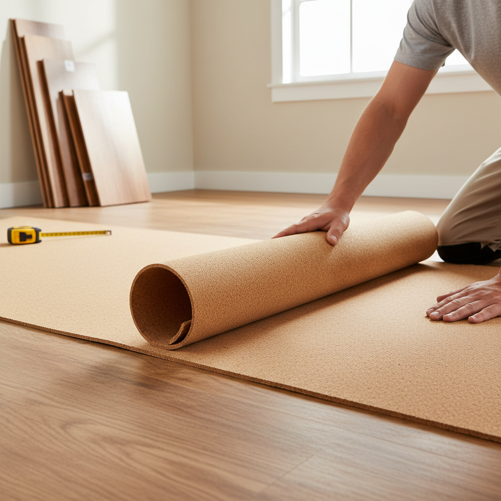 Person unrolling Premium Fine Grain Large Cork Roll 7m x 1m - 3mm Thick for Interior Walls with Smooth Finish over wood subfloor, suggesting soundproofing and acoustic insulation installation. Floorboards and tape measure visible.