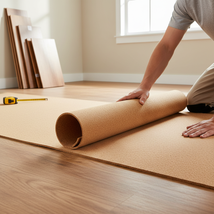 Person unrolling Premium Fine Grain Large Cork Roll 7m x 1m - 3mm Thick for Interior Walls with Smooth Finish over wood subfloor, suggesting soundproofing and acoustic insulation installation. Floorboards and tape measure visible.