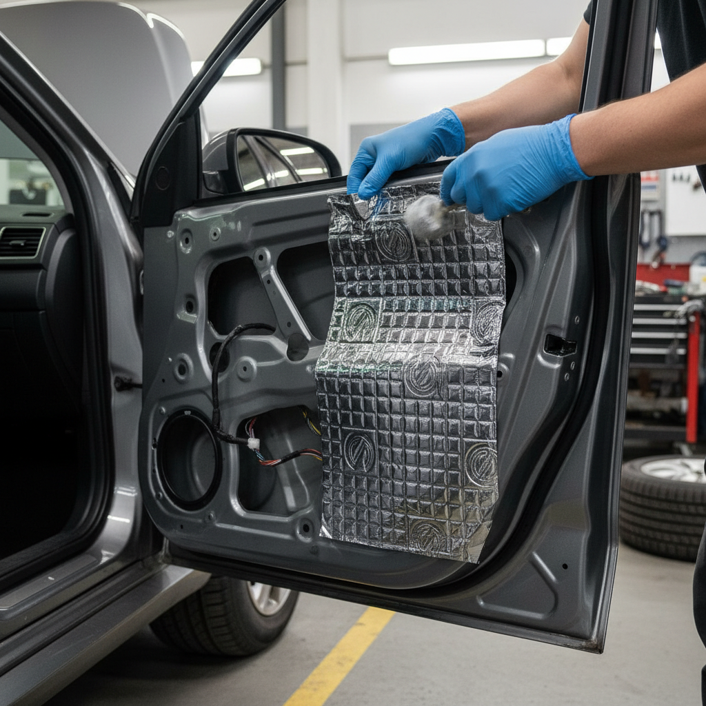 Technician applies Premium 2mm Damping Mat - 20 Sheet Pack for Noise Reduction and Vibration Control to car door interior, showcasing its soundproof and vibration damping capabilities for superior acoustic insulation.