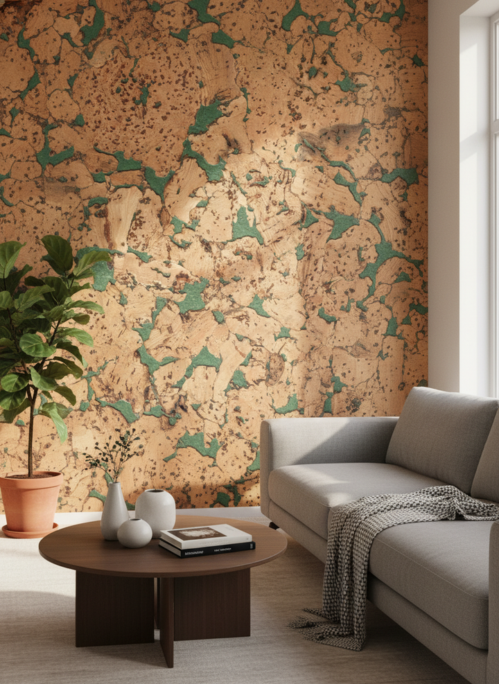 Premium Green Patterned Wall Tiles 600mm x 300mm - 3mm Thick for 1.98m2 Coverage adorn an organic cork-style statement wall in a sunlit living room, enhancing soundproofing and acoustic insulation with stylish elegance.