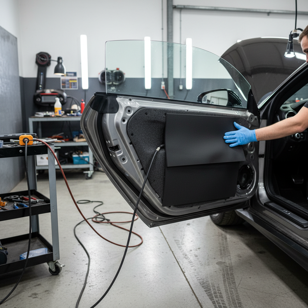 Technician applies Professional 10mm Noise and Thermal Isolation Material, a soundproof mat, to car door for acoustic and thermal insulation, enhancing noise reduction and vibration damping in vehicle panels.