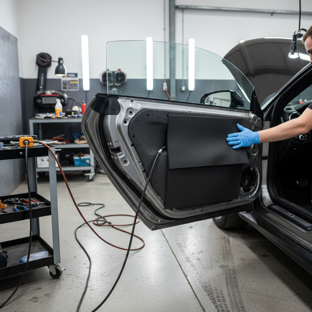 Technician applies Professional 10mm Noise and Thermal Isolation Material, a soundproof mat, to car door for acoustic and thermal insulation, enhancing noise reduction and vibration damping in vehicle panels.