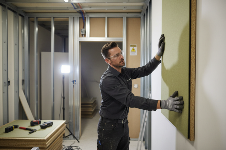 Tradesman installing High-Performance Acoustic Overlay Panel 2400mm x 600mm x 37mm for Effective Soundproofing with Impact and Airborne Ratings, highlighting noise reduction and sound insulation qualities in renovation setting.