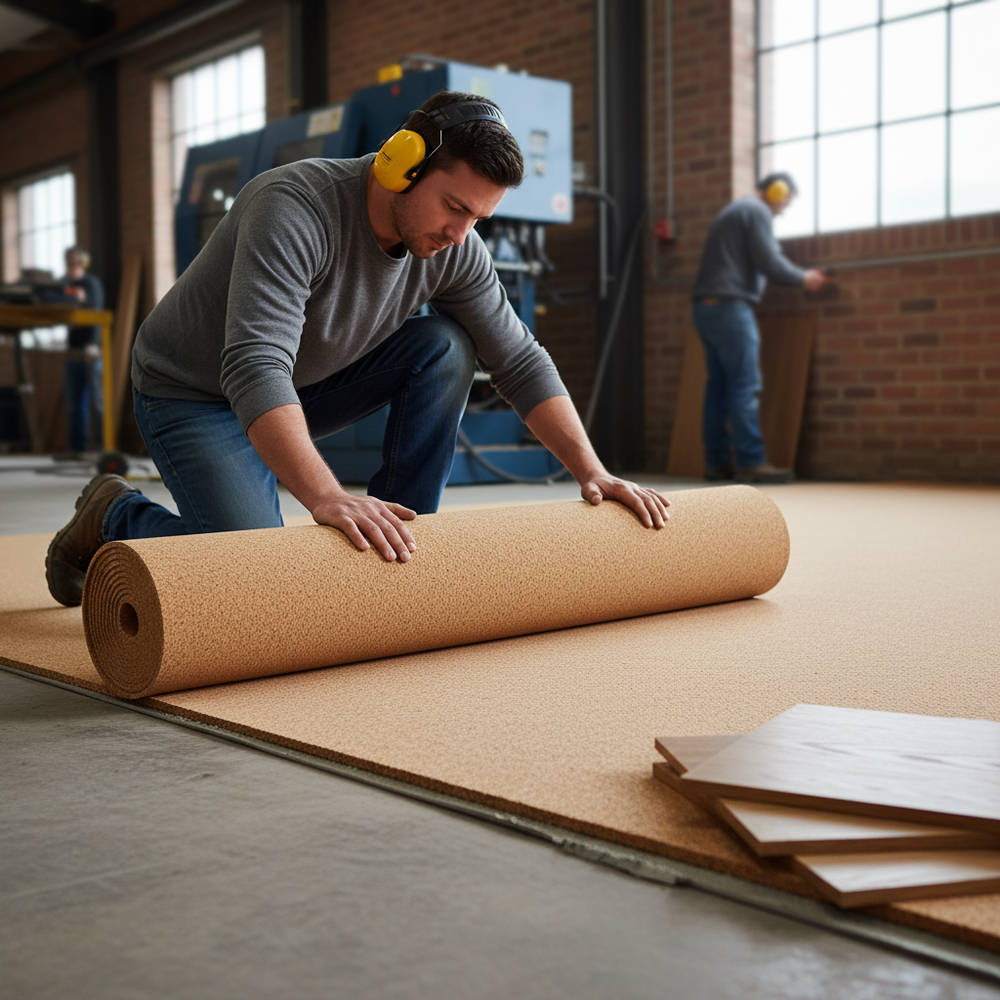 Man in workshop unrolls Premium Fine Grain Large Cork Roll - 10 Metres x 1 Metre - 8mm Thick for Interior Walls, ideal for soundproofing, acoustic insulation, and noise reduction in construction settings.