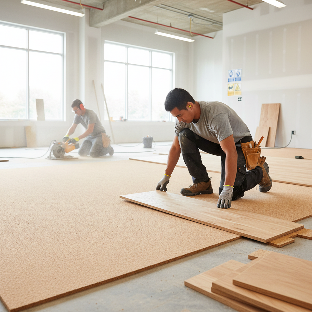 Premium Fine Grain Large Cork Roll 4m x 1m - 6mm Thick Natural Material for Interior Walls is used by tradespeople for soundproof flooring installation, enhancing acoustic insulation and noise reduction in this unfinished space.