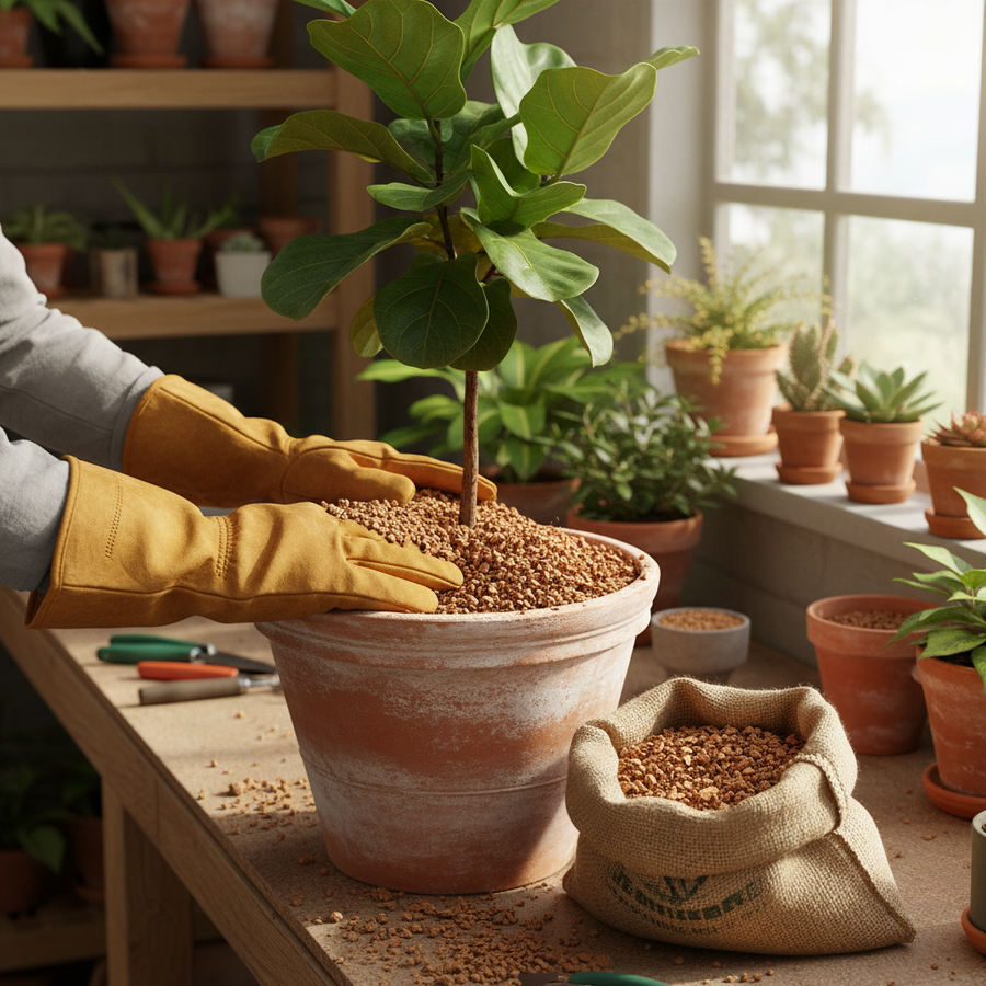 Premium Cork Granules - 12 Litres, 5-15mm Granule Size, 100-120kg/m³ Density are seen being used in an indoor gardening setup for potential sound insulation and noise reduction applications.
