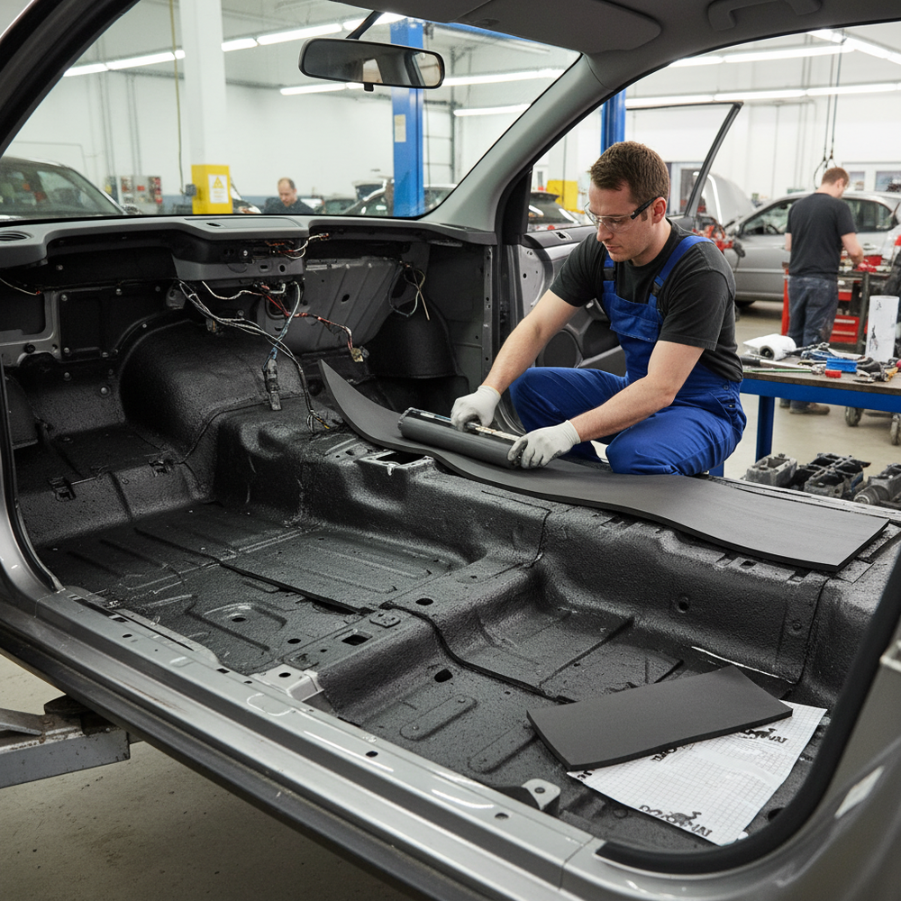 Silentcloud Super Liner 12mm - 3sq.m Roll being installed in a car's interior by a technician, showcasing its soundproof, acoustic, noise reduction, and vibration damping qualities for superior vehicle sound insulation.