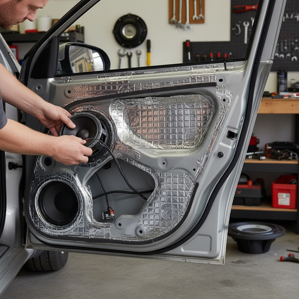 A person installs a round speaker into a car door lined with Premium 2mm Damping Mat, showcasing its soundproof, acoustic, noise reduction, and vibration damping capabilities for superior sound insulation.