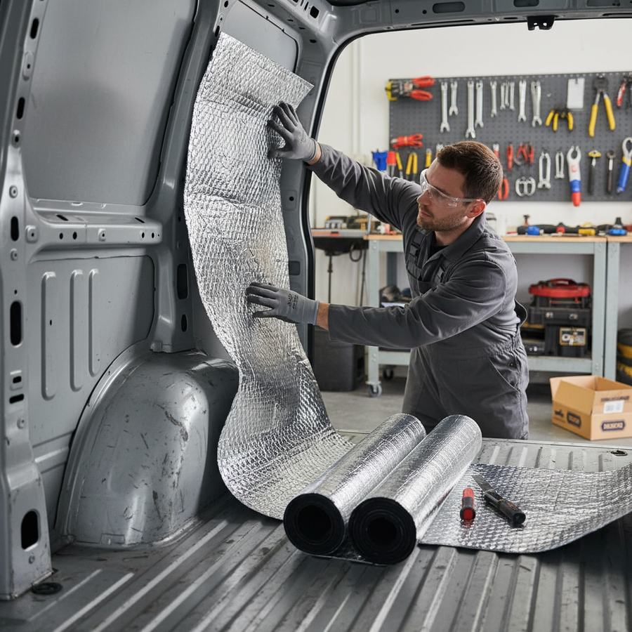 Technician installs Premium Sound Deadening and Insulation Kit for Small Vans, applying reflective insulation in a van's cargo area. Visible are rolled insulation sheets, utility knife, and tools, showcasing soundproof and thermal efficiency.