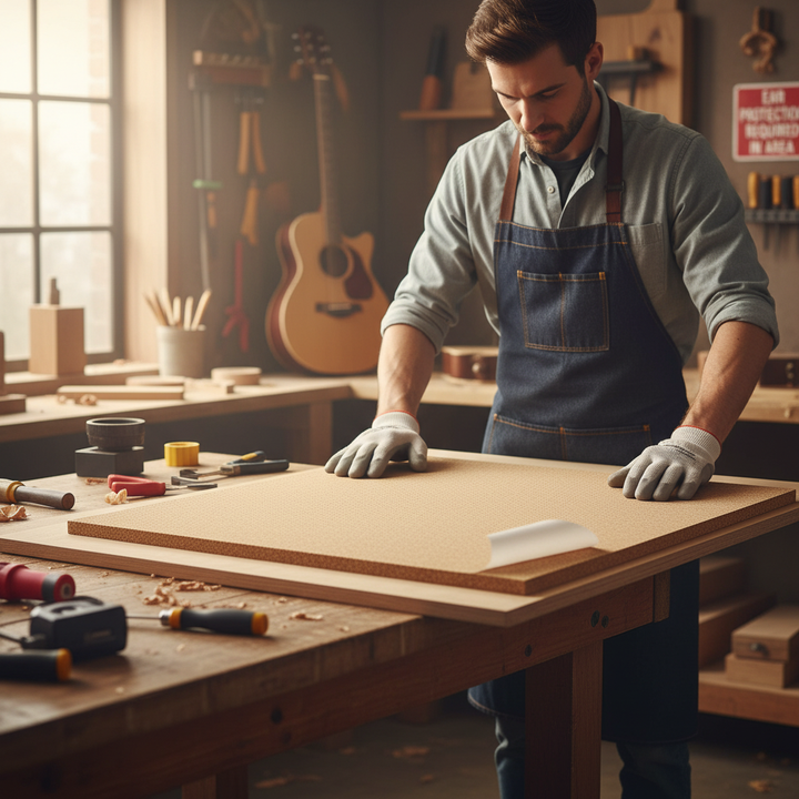 Craftsman aligns Premium Fine Grain Adhesive Cork Sheets, 915mm x 610mm, 10mm thick, at workbench. Ideal for soundproofing, acoustic insulation, and noise reduction. Tools and acoustic guitars visible in cozy workshop.
