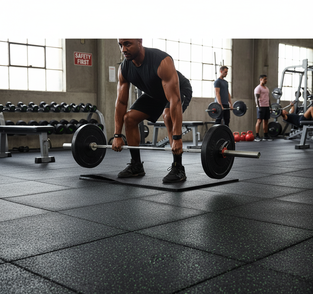 A gym scene with High-Performance Acoustic Matting 15mm Thick for Impact and Airborne Sound Reduction underfoot, emphasizing soundproofing and noise reduction amidst weightlifting activities. Ideal for vibration damping in fitness environments.