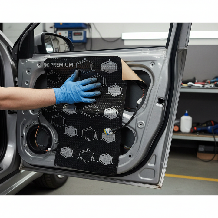 High-Performance 1.8mm Anti-Vibration Mat Pack installation, showcasing a gloved hand applying the soundproof butyl rubber composite with aluminum foil to a car door, highlighting its acoustic noise reduction and vibration damping capabilities.