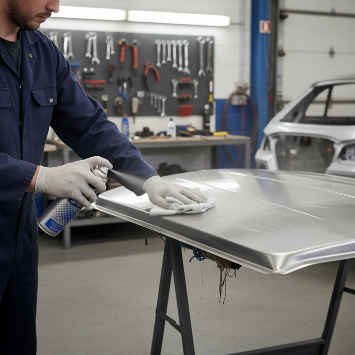 Professional 500ml Panel Preparation Spray used in a workshop to clean and degrease a metal car hood, enhancing soundproofing and acoustic insulation for noise reduction and vibration damping applications.