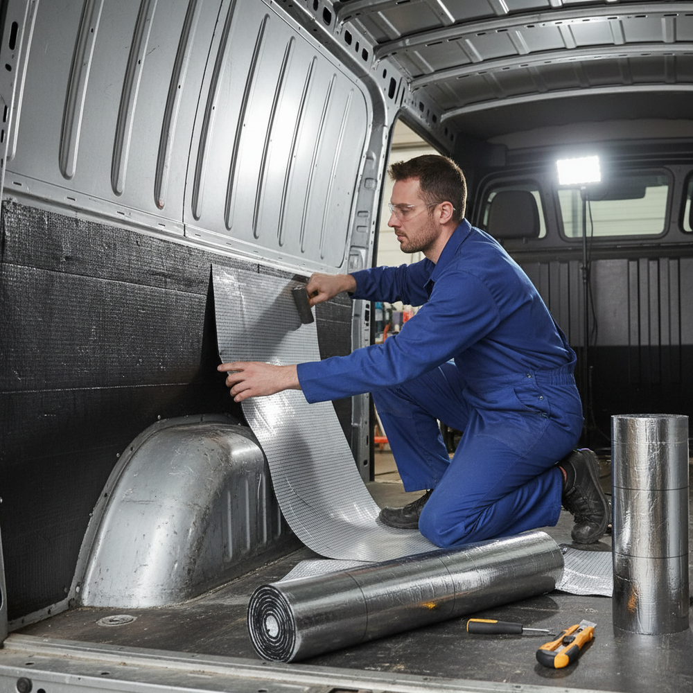 Man in blue coveralls installs Premium Medium Van Sound Deadening and Insulation Kit with 10mm liner and 2mm deadening, enhancing acoustic comfort and noise reduction in a cargo van. Rolls and tools nearby.