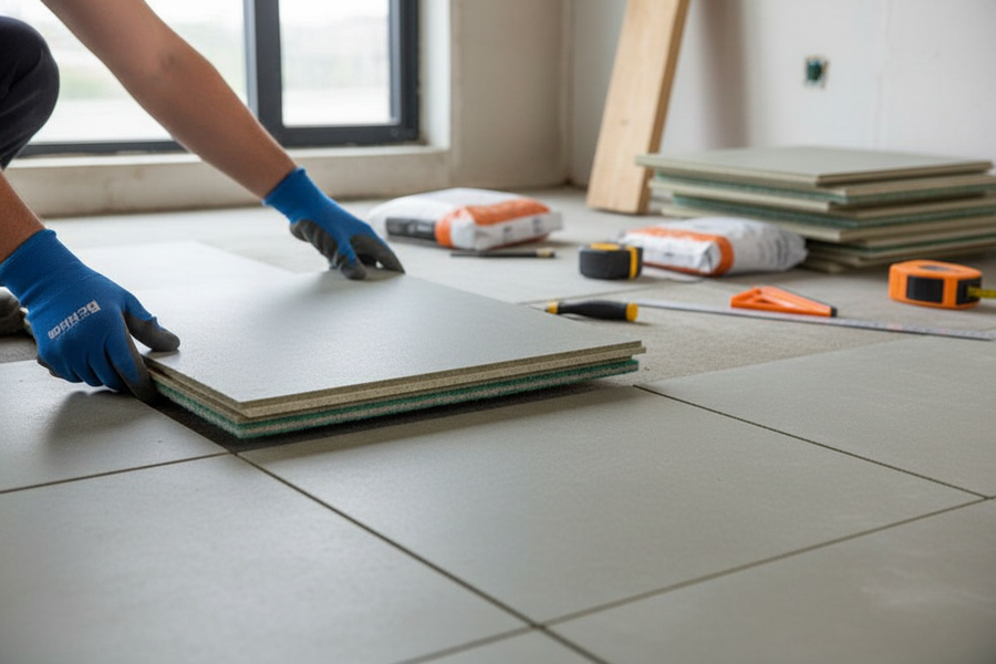 Gloved hands carefully install a Premium High-Performance Acoustic Overlay Board 28mm Thick for Effective Sound Proofing with High Mass and Resilient Felt Layer, amidst tiling tools and materials, for optimal noise reduction.