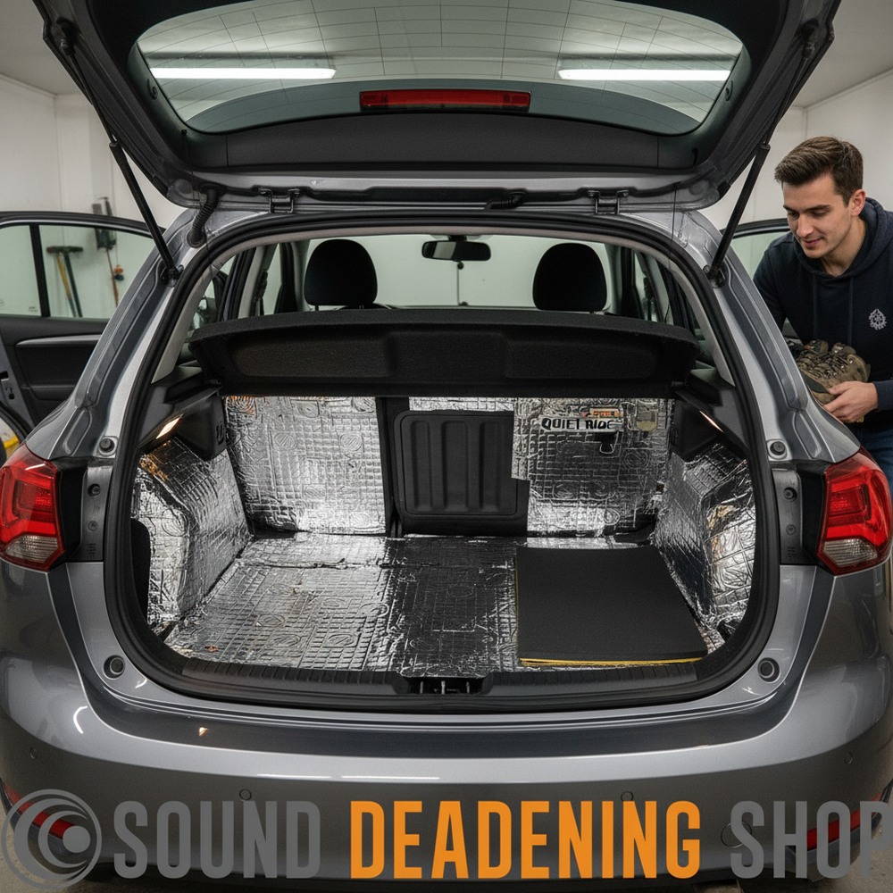 Open rear hatch of a small silver hatchback showcasing the Premium Hatchback Car Boot Sound Proofing Bundle with foil-faced sound-deadening mats, labeled Quiet Ride, for superior noise reduction and acoustic insulation.