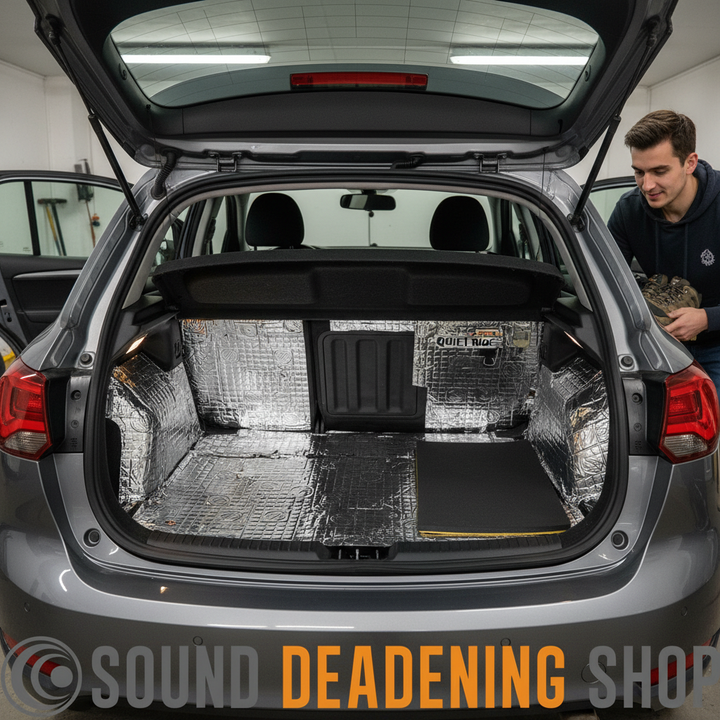 Open rear hatch of a small silver hatchback showcasing the Premium Hatchback Car Boot Sound Proofing Bundle with foil-faced sound-deadening mats, labeled Quiet Ride, for superior noise reduction and acoustic insulation.