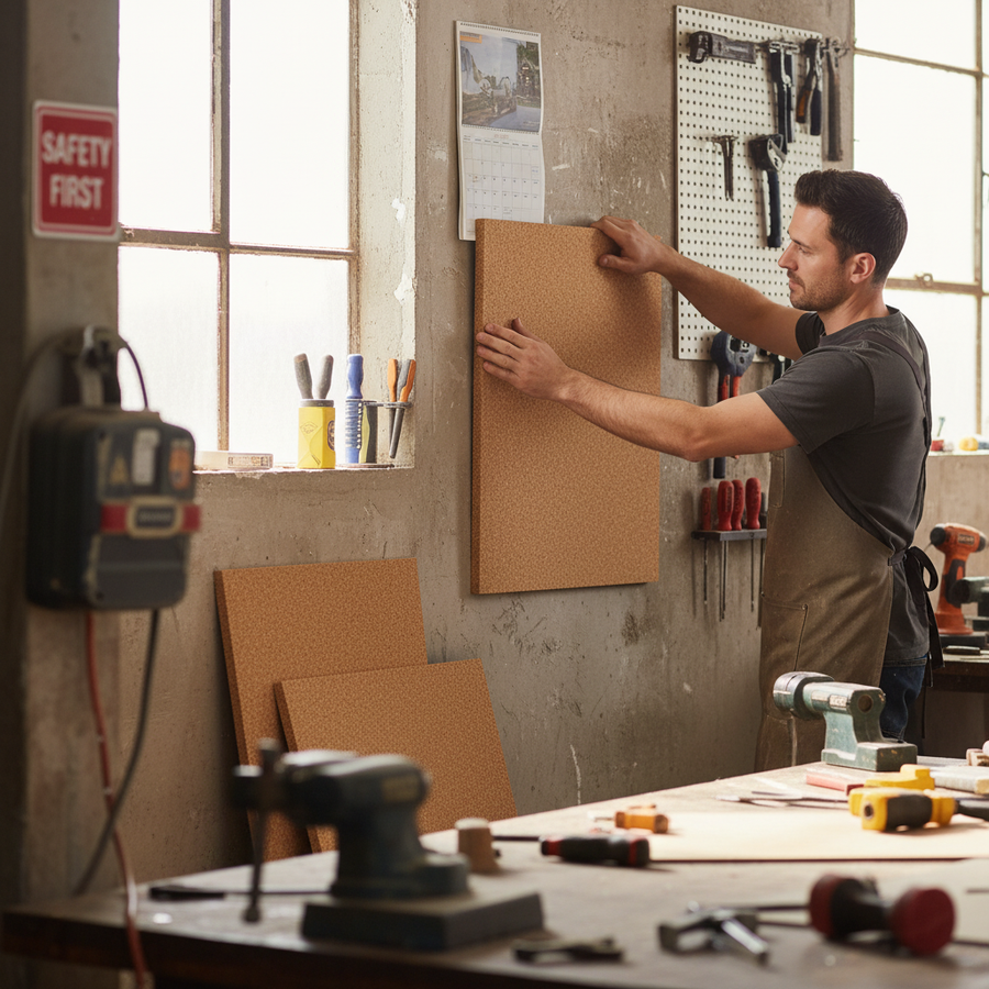 Man in workshop showcasing Premium Fine Grain Adhesive Cork Sheet Pack of 4 - 610mm x 450mm x 5mm for Wall Coverings and Pinboards, ideal for acoustic insulation, noise reduction, and soundproofing applications.