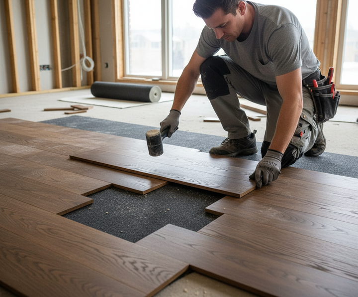 Tradesman installs Premium Acoustic Carpet Underlay – 11mm Thickness, 10m² Coverage, Superior Comfort and Noise Reduction, ideal for soundproofing and acoustic improvement, using a rubber mallet on subfloor.