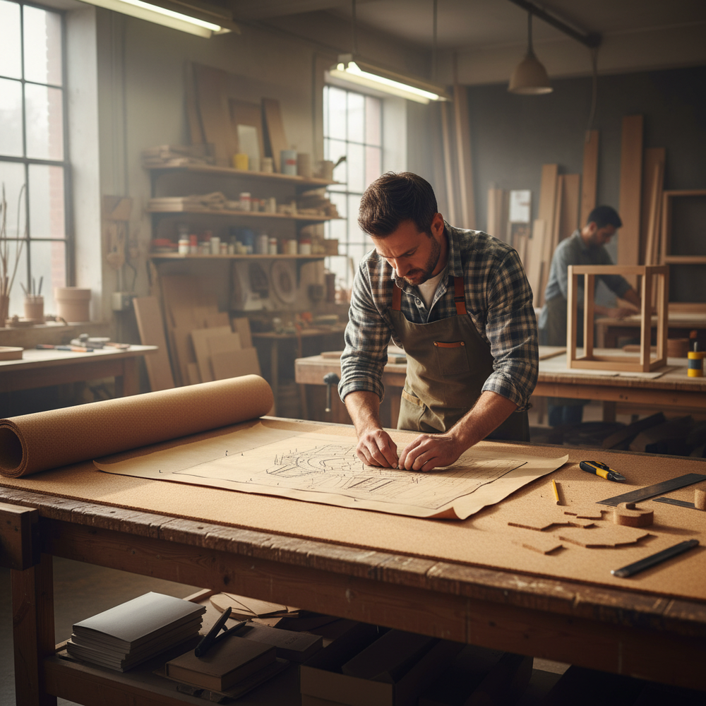 Man in workshop tracing pattern on paper next to Premium Fine Grain Large Cork Roll, 2m x 1.22m, for interior walls. Ideal for soundproofing and acoustic insulation with smooth finish and various thicknesses.