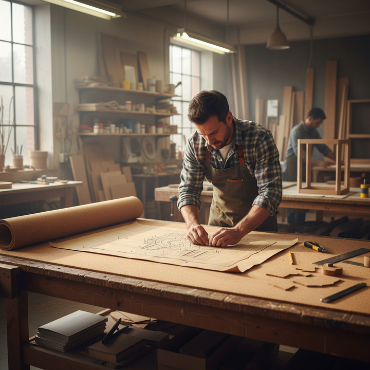 Man in workshop tracing pattern on paper next to Premium Fine Grain Large Cork Roll, 2m x 1.22m, for interior walls. Ideal for soundproofing and acoustic insulation with smooth finish and various thicknesses.