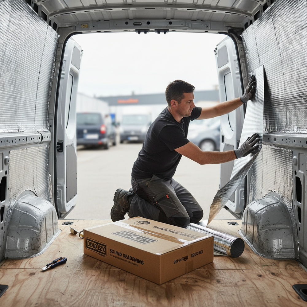 A worker installs Premium Self-Adhesive Sound Deadening Sheets - 40 Pack, Butyl Construction, 1.5mm Thick for Vehicle Noise Reduction inside a van, showcasing effective acoustic insulation and vibration damping.