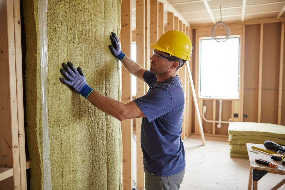 Tradesman fits Premium Acoustic Insulation Slab 25mm Thick for Sound Reduction in Floors, Ceilings, and Walls - 1200mm x 600mm Dimensions into timber framing, enhancing soundproofing and noise reduction.