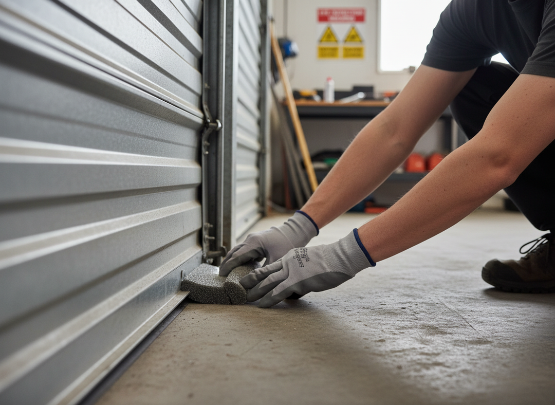 Person installing the Premium Acoustic Isolation Seal 10m Roll for Sound Insulation Applications with Robust Performance, positioned at a roll-up door, highlighting its use in noise reduction and acoustic isolation tasks.