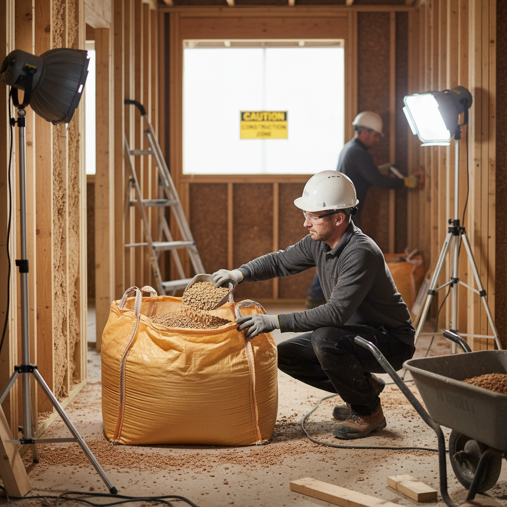Worker kneeling by a Premium 30kg Bulk Bag High-Performance Cork Granules - 3-7mm Granule Size with Density of 65-75kg/m³, used for soundproofing and acoustic insulation, at a construction site.