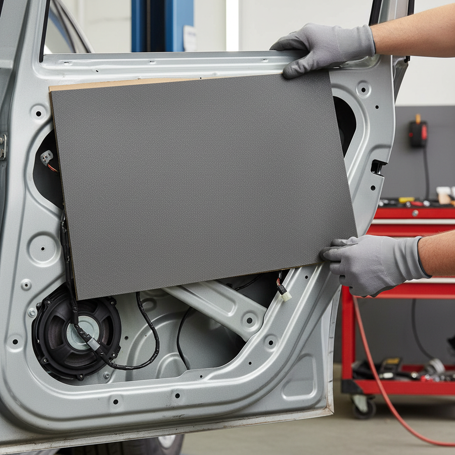 Technician installs Premium Lightweight Thermal Insulation for Vehicles - 1.0sq.m Pack with High-Performance PE Foam Construction, showcasing soundproofing and vibration damping against the car door's bare metal frame in an auto workshop.