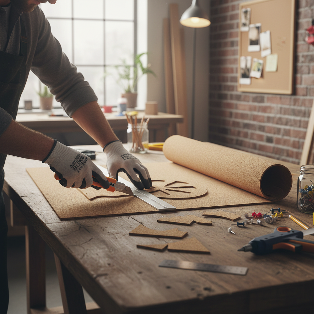 Premium Fine Grain Large Cork Roll - 3m x 1m - 6mm Thick, shown being custom-cut for soundproofing projects; ideal for acoustic insulation, noise reduction, and vibration damping in studios and interiors.