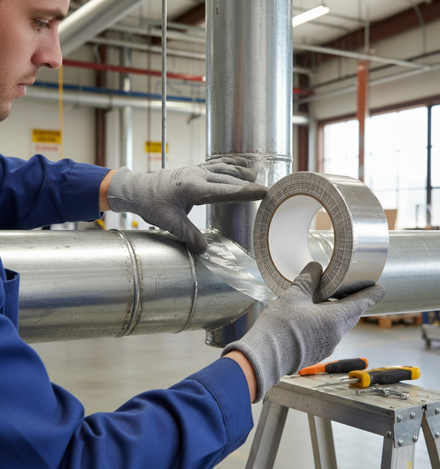 Worker applying Premium Aluminium Foil Finishing Tape 48mm x 45m for Seam Sealing and Hole Filling with Bright Silver Finish and Hi Tack Adhesive on metal ducts in an industrial workshop, highlighting sound insulation applications.