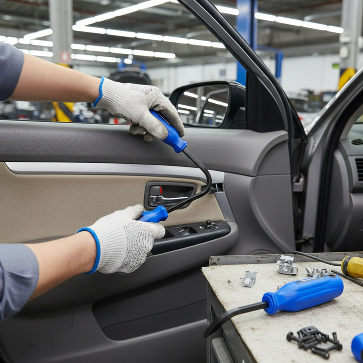 Close-up of hands using the Premium 3 Piece Heavy Duty Trim Removal Tool Set for Car Interior Panels with Soft Grip Handles, ideal for noise reduction and vibration damping in automotive soundproofing tasks.