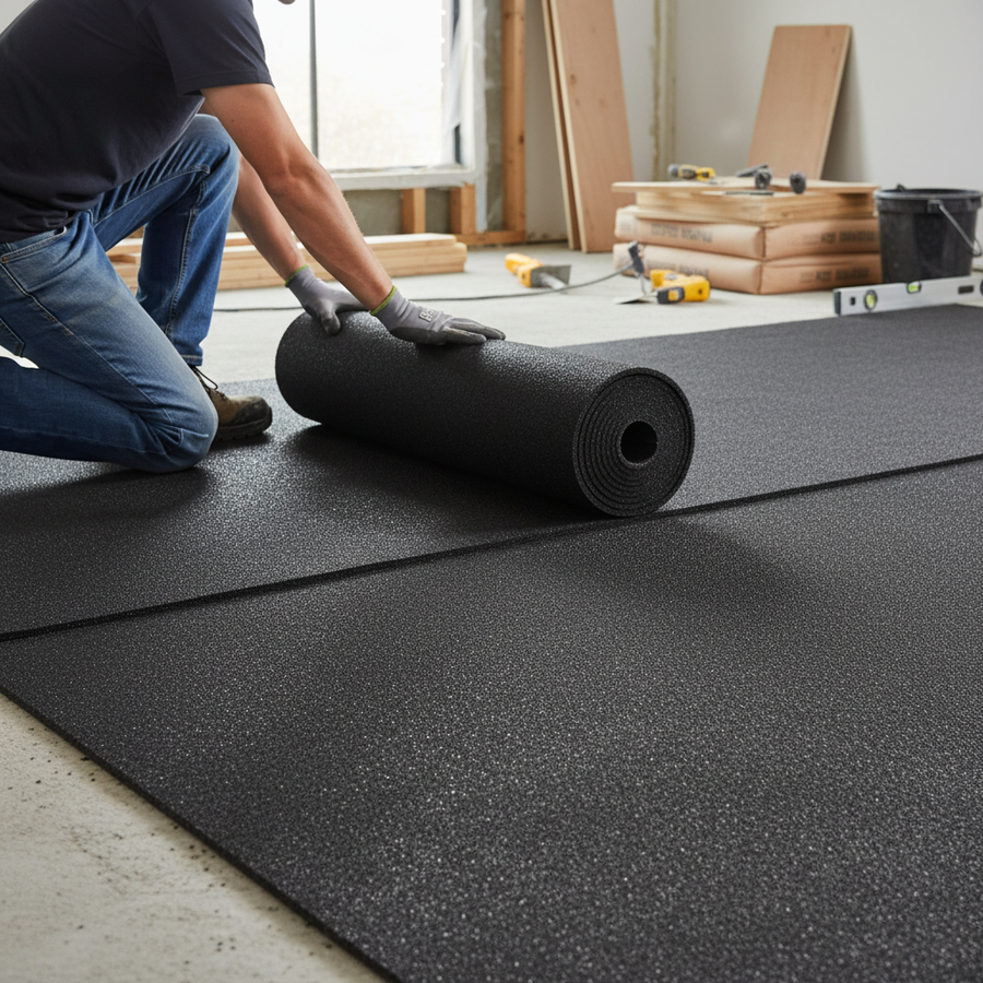 Person unrolling Premium 5MM Acoustic Underscreed 10M2 Roll, ideal for soundproof flooring applications, amidst renovation tools and materials, showcasing noise reduction and sound insulation in residential or commercial settings.