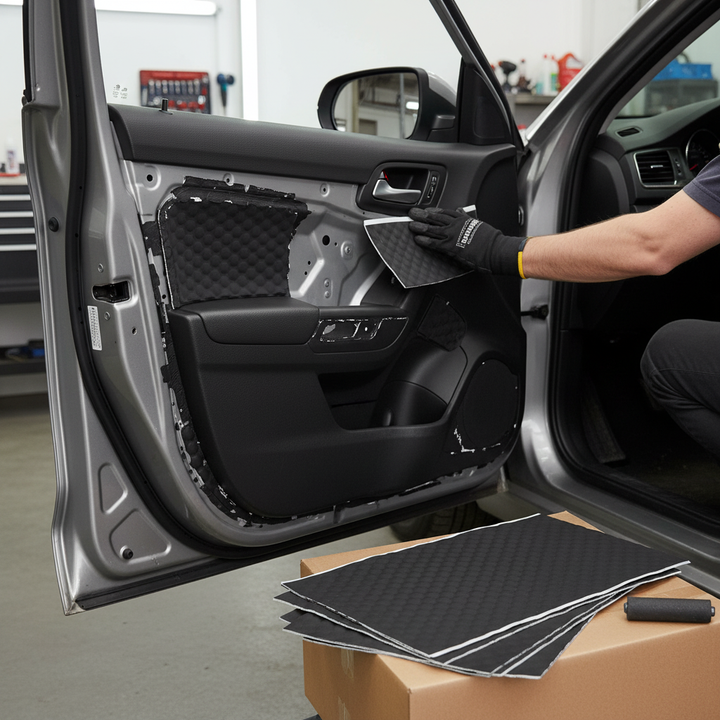 Technician applying Premium 2mm Sound Deadening Mat - Self-Adhesive, High-Performance Vibration Dampener for Van Conversions. Black soundproof matting is fitted onto a car door for noise reduction and vibration damping.