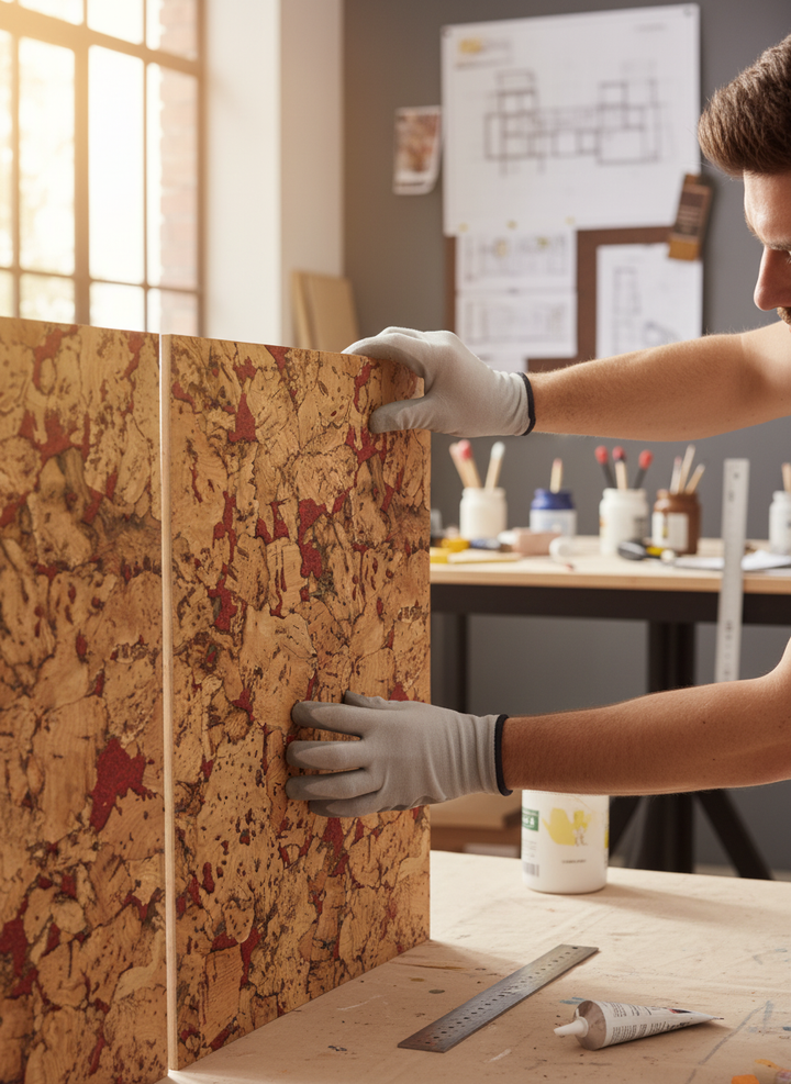 Crafts-person aligning Premium Red Patterned Wall Tiles 600mm x 300mm - 3mm Thick, 1.98m2 Coverage in Each Pack, ideal for soundproofing, acoustic enhancements, noise reduction, and vibration damping in interiors.